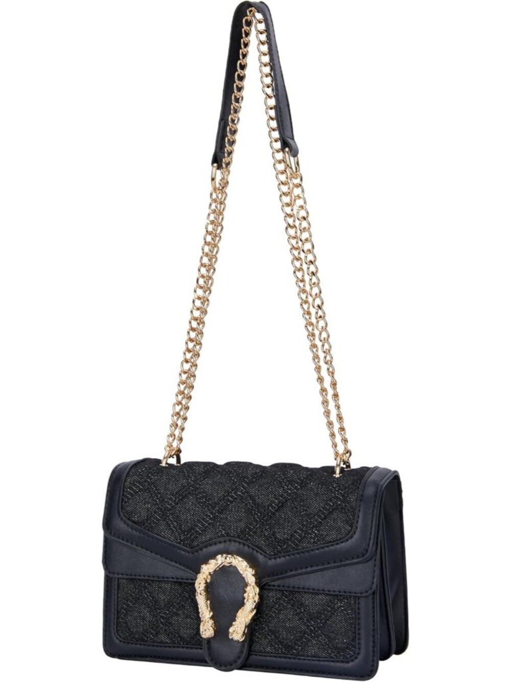 Women's D Black Leather Snake Print Vintage Purse Chain Crossbody Bag